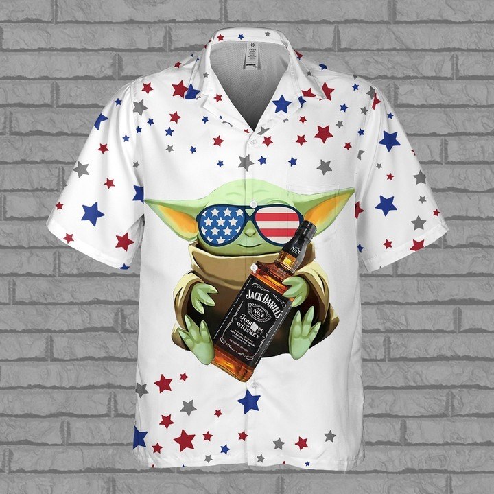 Star Wars Baby Yoda Loves Jack Daniels Hawaiian Shirt 4th Of July