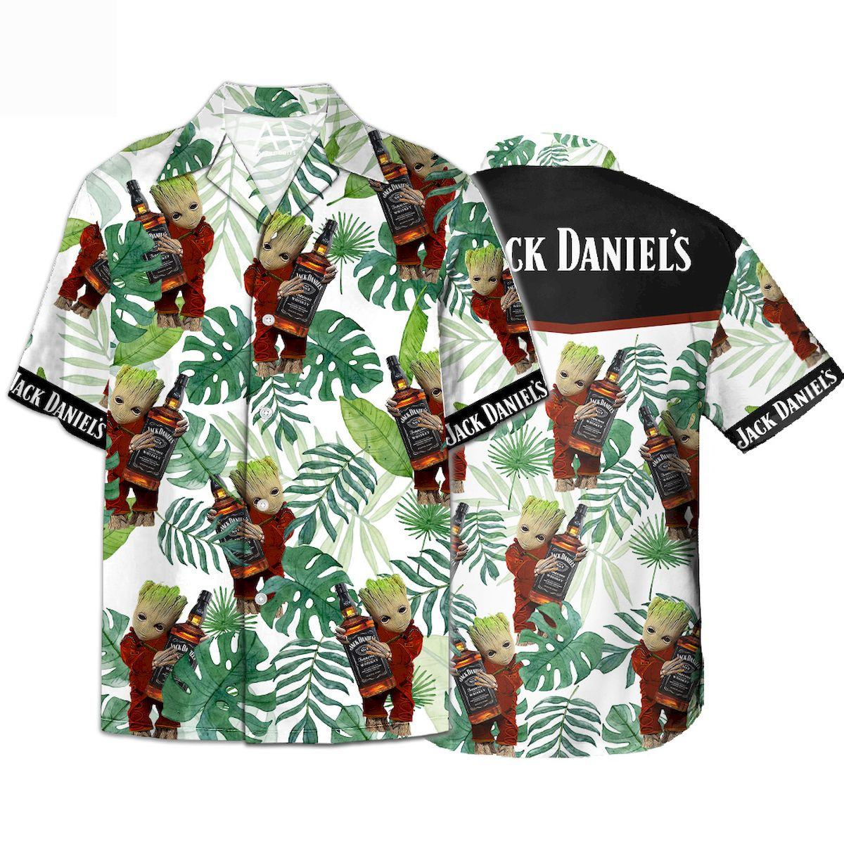 Marvel Groot Loves Jack Daniels Hawaiian Shirt Tropical Palm Leaves