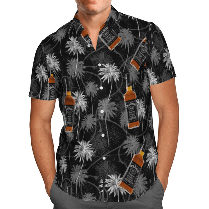 Jack Daniels Tennessee Whiskey Hawaiian Shirt Gray Palm Trees