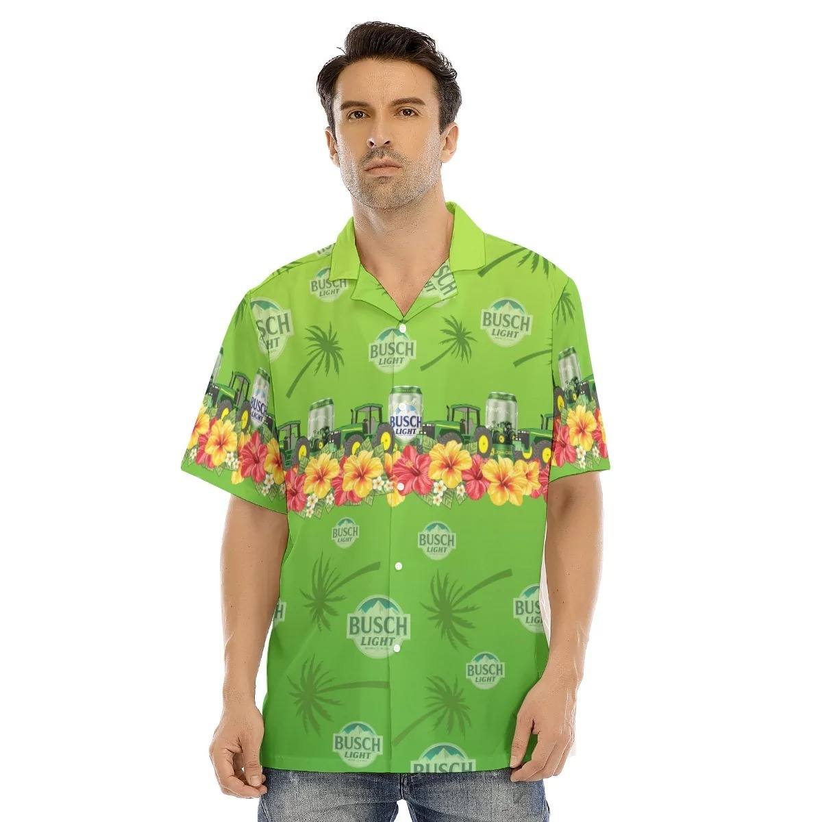 Colorful Hibicus Flowers With Busch Light John Deere Hawaiian Shirt