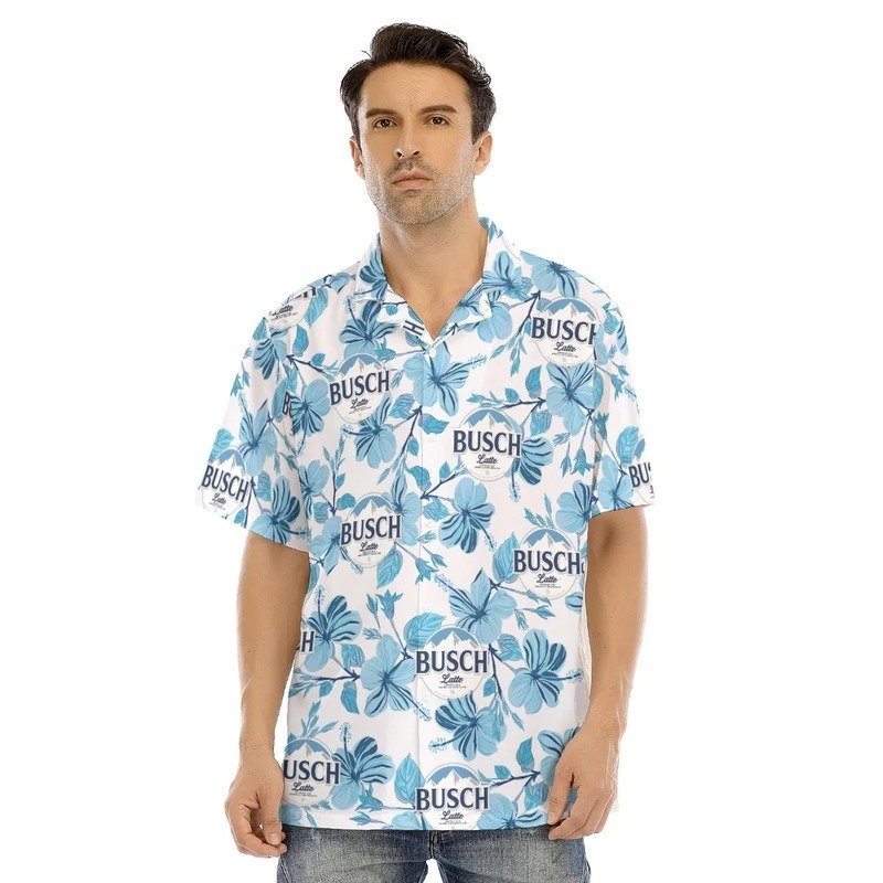 Busch Latte Hawaiian Shirt Blue Flower On White Background