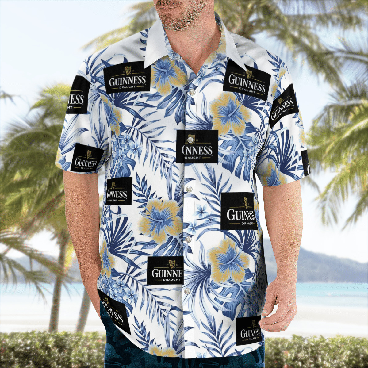 Guinness Beer Hawaiian Shirt Blue And Yellow Hibiscus Gift For Someone Going To Hawaii