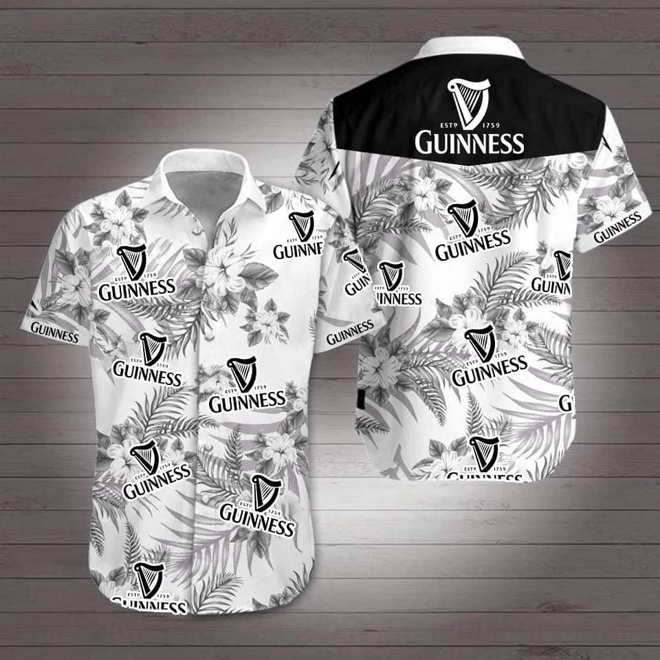 Black And White Guinness Hawaiian Shirt Tropical Flora Beach Lovers Gift