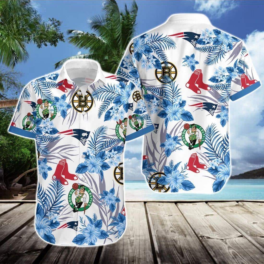 Boston Celtics Hawaiian Shirt Blue Hibiscus Flower For Beach Lovers