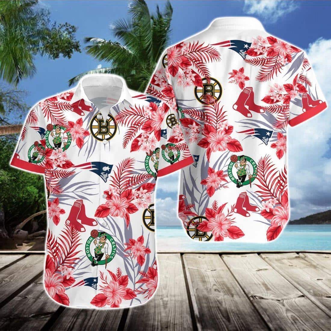 White Aloha Boston Celtics Hawaiian Shirt Tropical Flora Best Basketball Gift