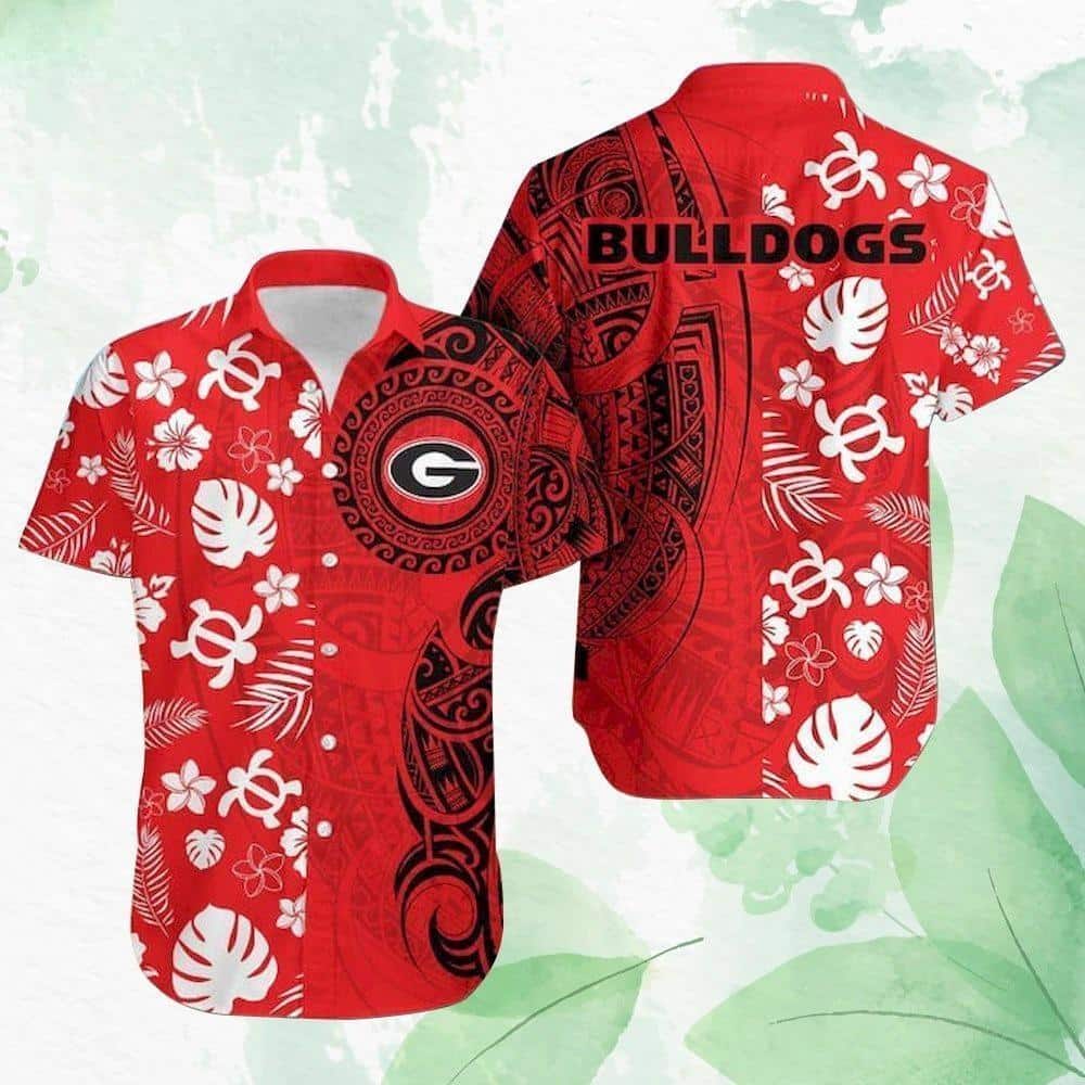 Georgia Bulldogs UGA Hawaiian Shirt Tropical Flowers Leaves & Tribal Pattern