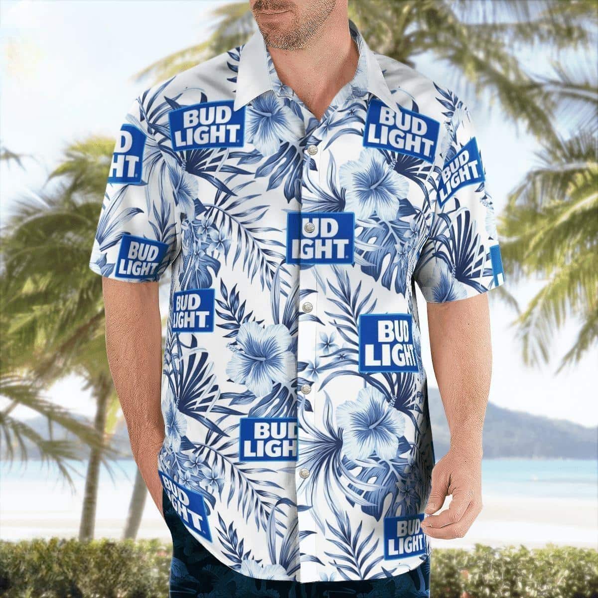 Bud Light Hawaiian Shirt Tropical Hibiscus Flower Beach Lovers Gift