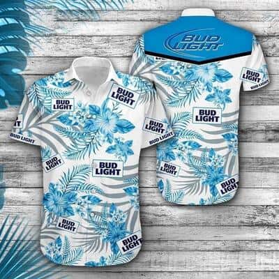 Bud Light Hawaiian Shirt Blue Tropical Flowers