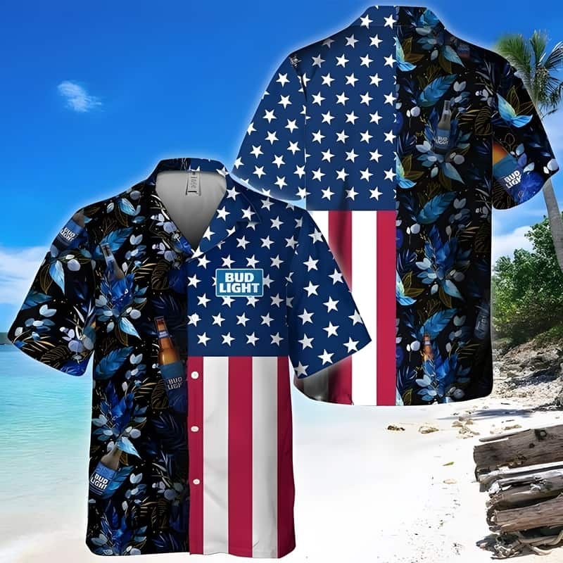Bud Light Beer Hawaiian Shirt US Flag Tropical Flowers Bud Light Beer Hawaiian Shirt US Flag Tropical Flowers