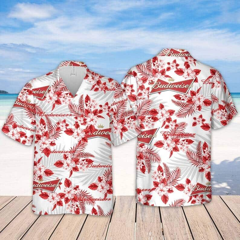 Budweiser Hawaiian Shirt Tropical Flower Pattern Summer Holiday Gift