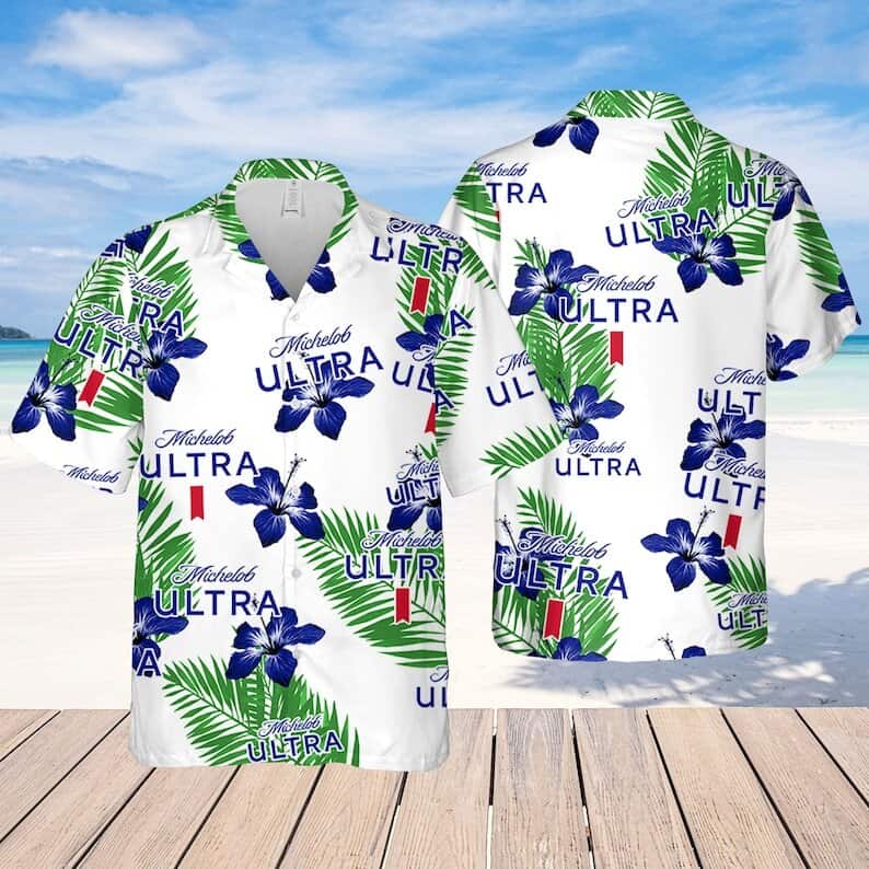 White Michelob Ultra Beer Hawaiian Shirt Hibiscus Flower Pattern