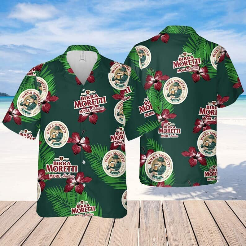 Birra Moretti Beer Hibiscus Flower Palm Leaf Pattern Hawaiian Shirt