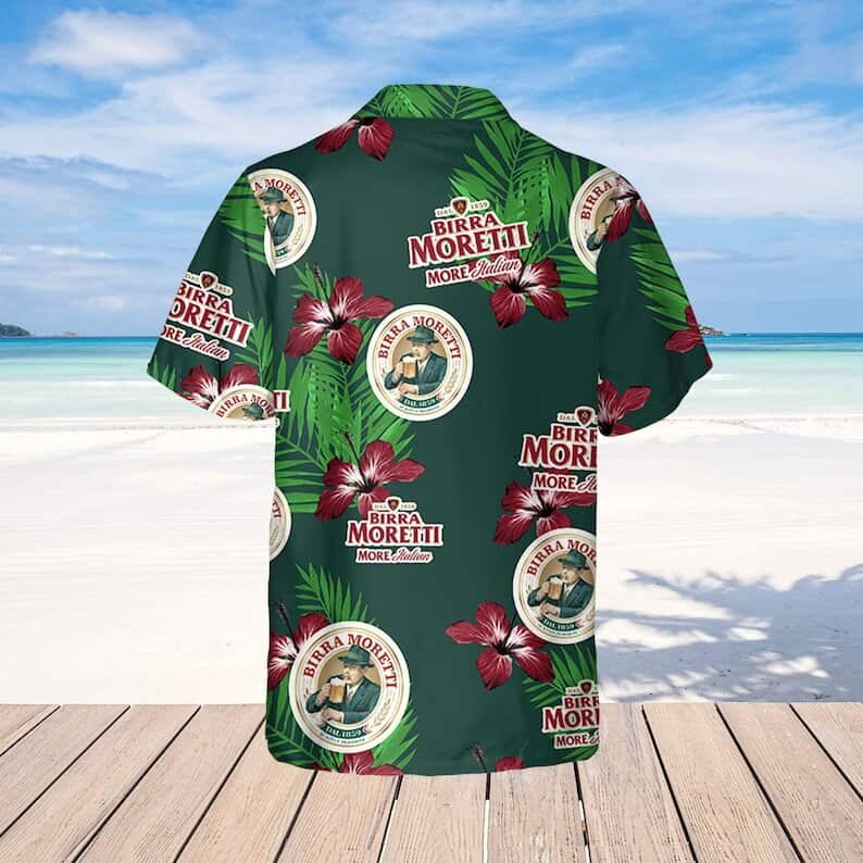 Birra Moretti Beer Hibiscus Flower Palm Leaf Pattern Hawaiian Shirt