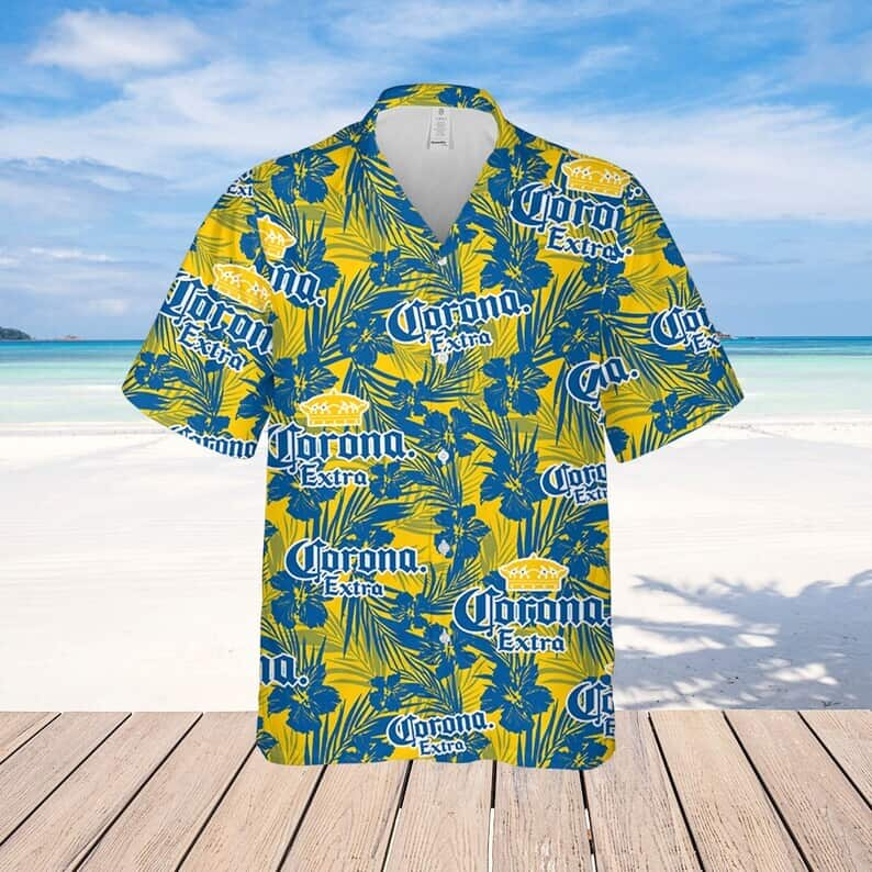 Corona Extra Beer Blue Hibiscus Flower Pattern Hawaiian Shirt Best Beach Gift