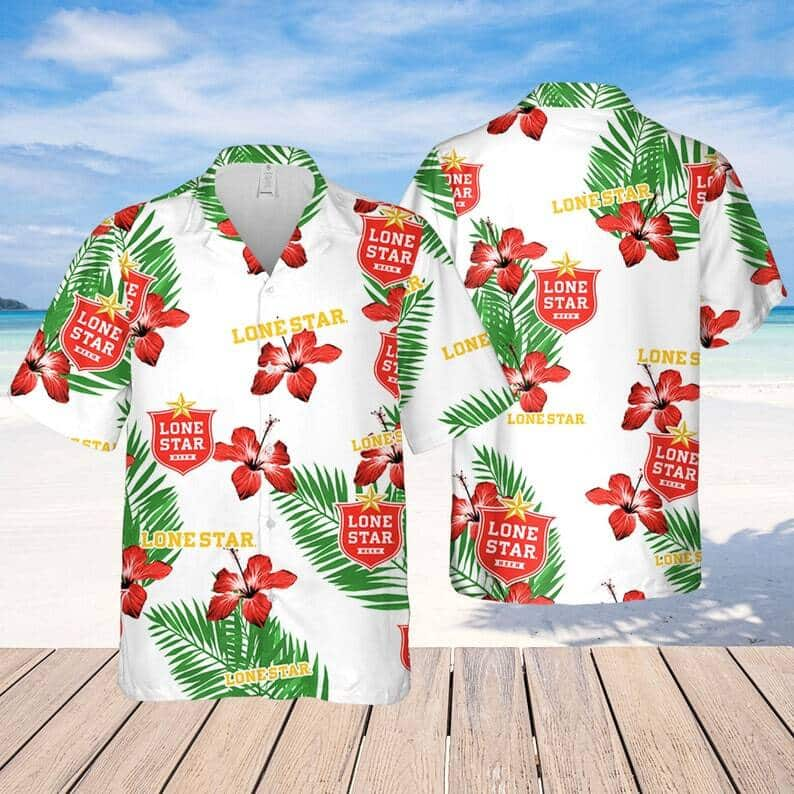 Lone Star Beer Hibiscus Flower Palm Leaf Pattern Hawaiian Shirt