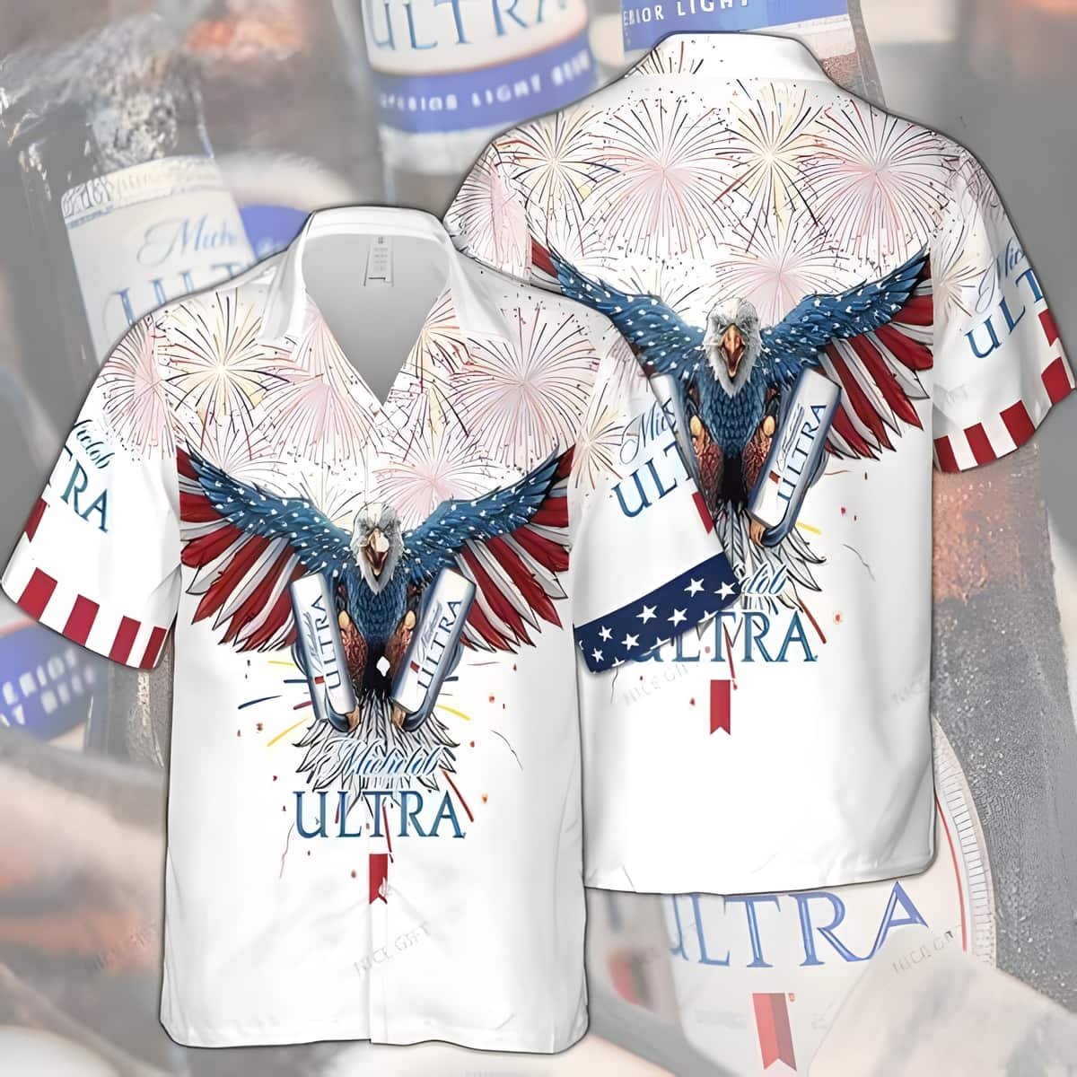 Michelob Ultra Hawaiian Shirt Bald Eagle Fireworks 4th Of July