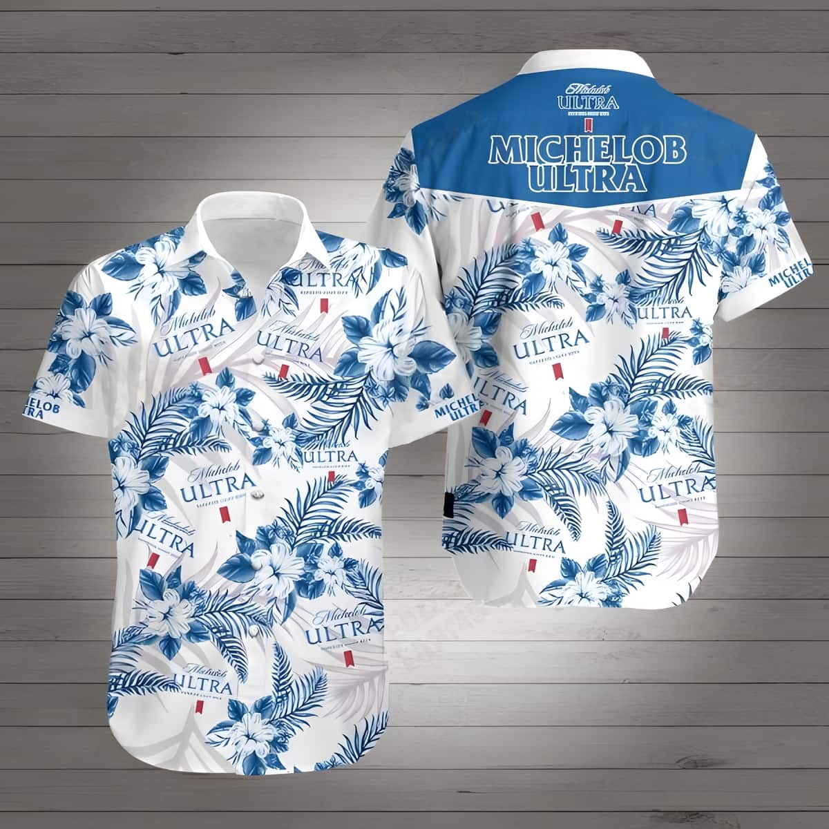 Michelob Ultra Hawaiian Shirt Blue Hibiscus Flower Beach Vacation Gift