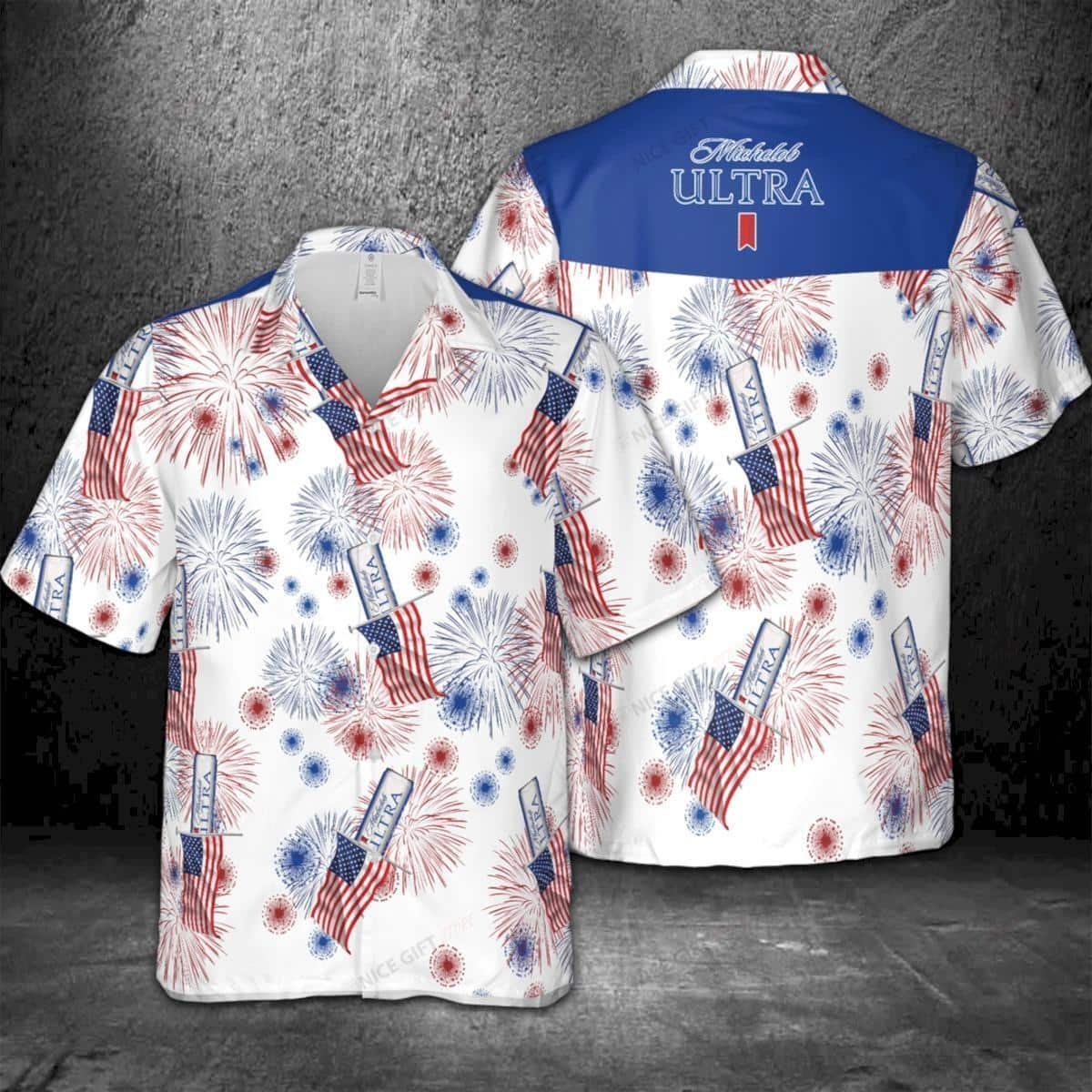 Michelob Ultra Beer Hawaiian Shirt American Flag Fireworks Independence Day 4th Of July