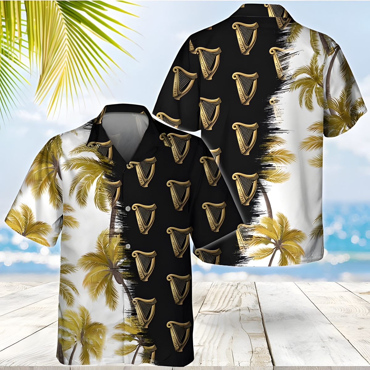 Retro Guinness Beer Hawaiian Shirt Palm Trees Pattern