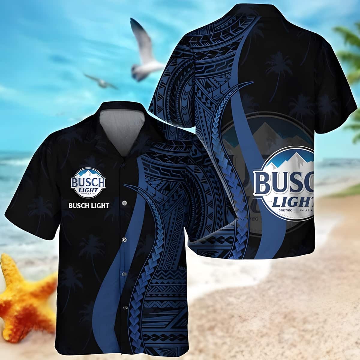 Busch Light Beer Hawaiian Shirt Blue Polynesian Pattern Gift For Beach Trip