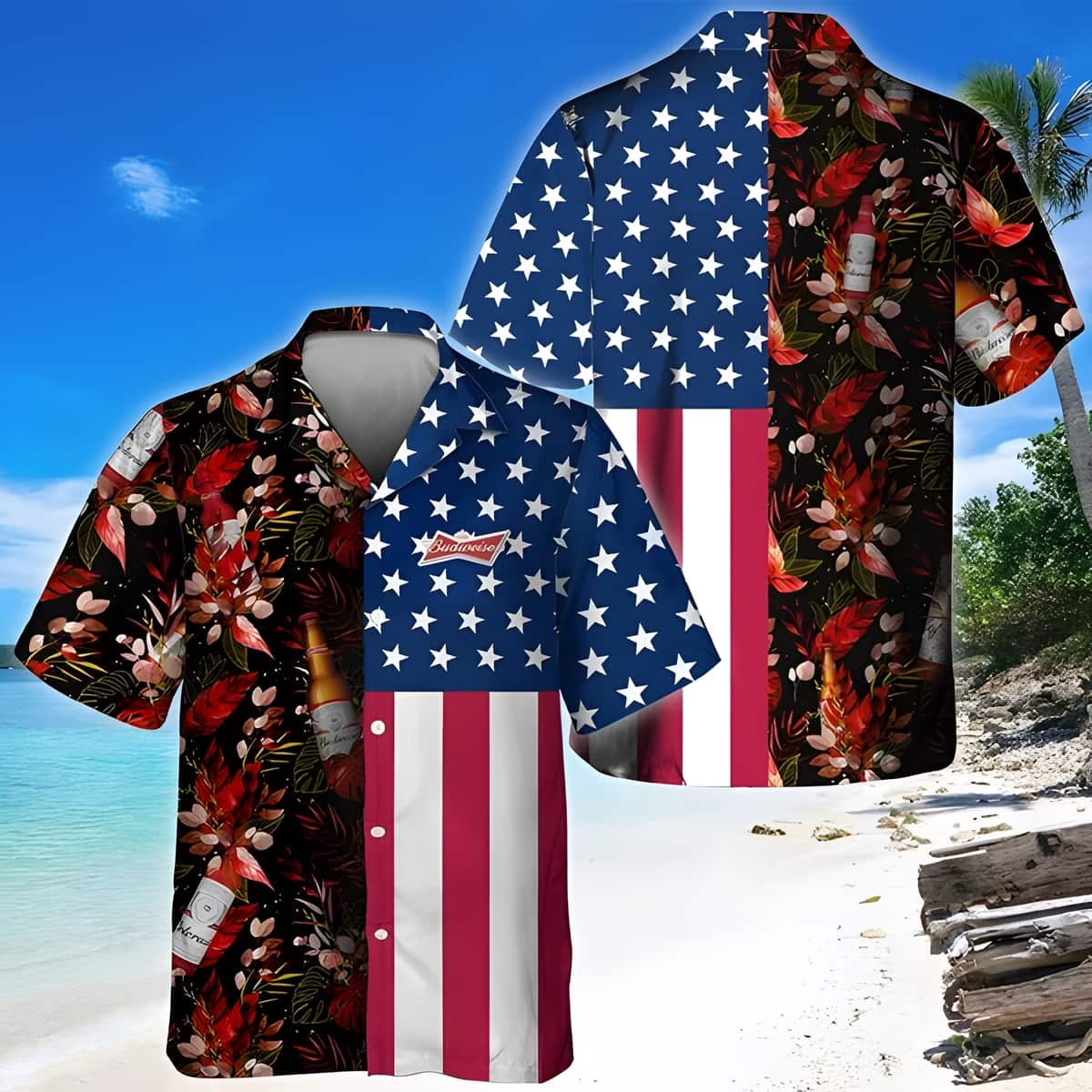 Tropical Flower US Flag Budweiser Beer Hawaiian Shirt