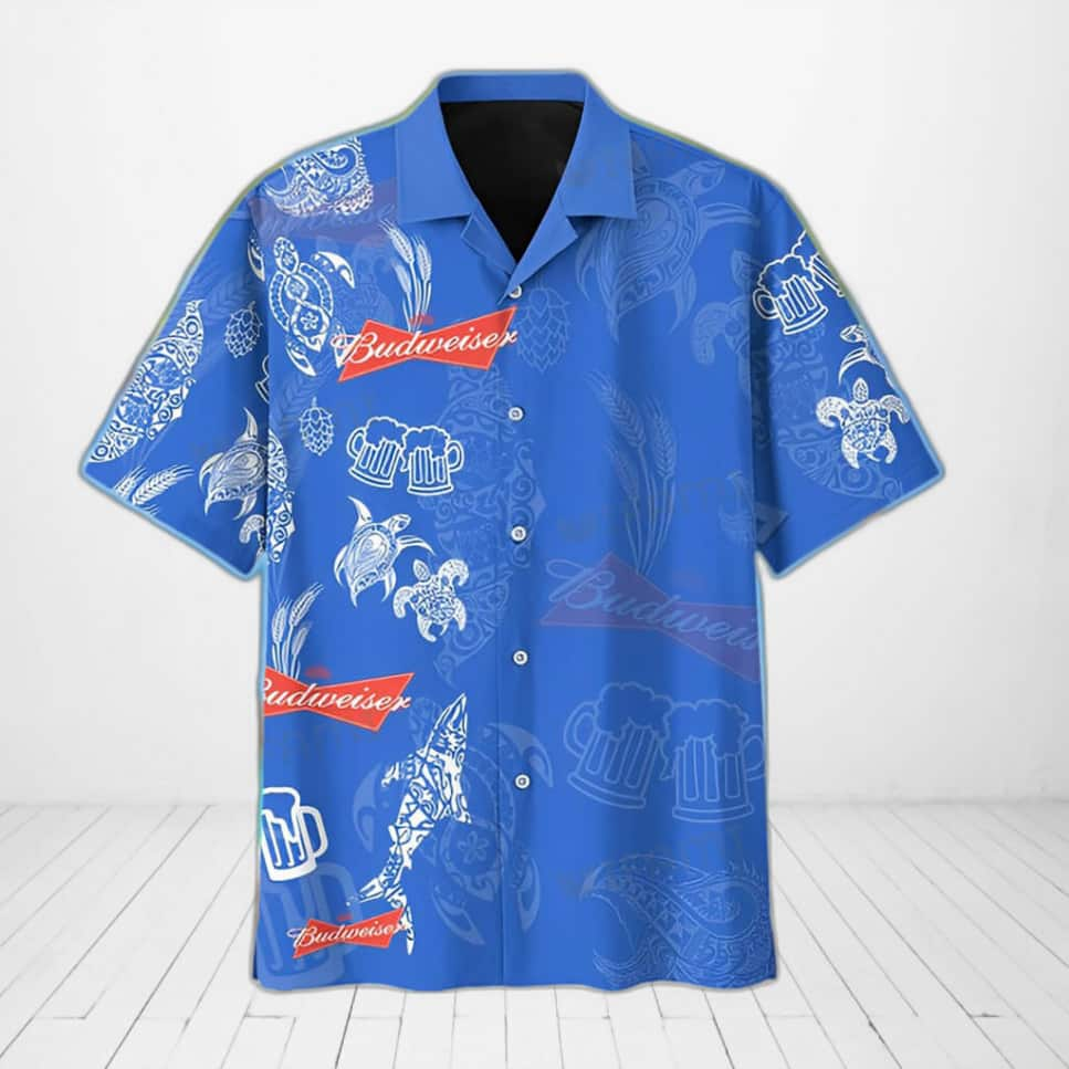 Dolphin Turtle Pattern Budweiser Beer Hawaiian Shirt Beach Vacation Gift