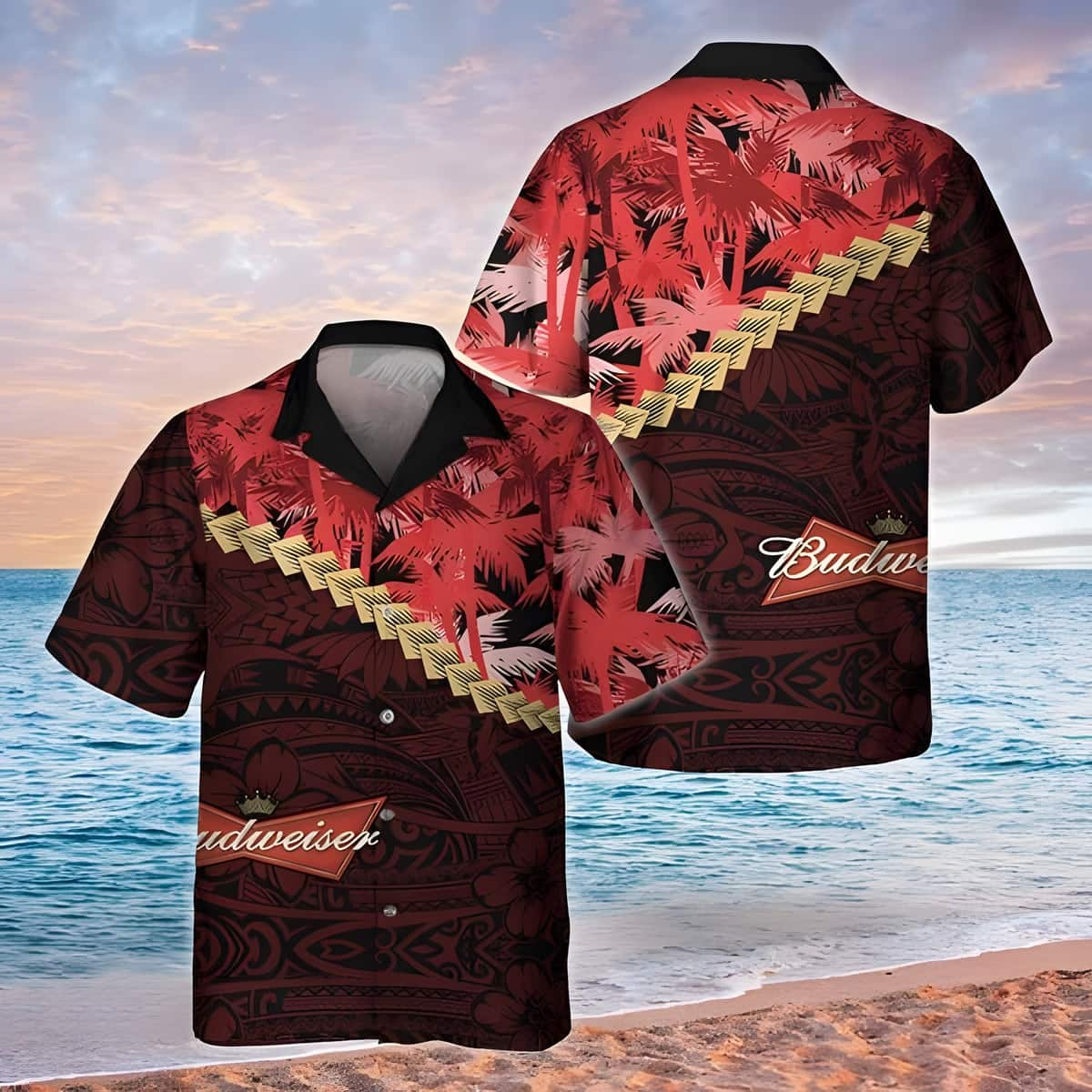 Budweiser Hawaiian Shirt Palm Tree Blend Polynesian Pattern