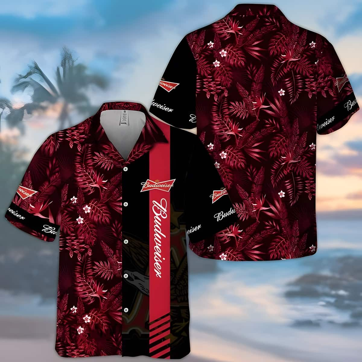 Budweiser Hawaiian Shirt Red Tropical Foliage On Dark Theme