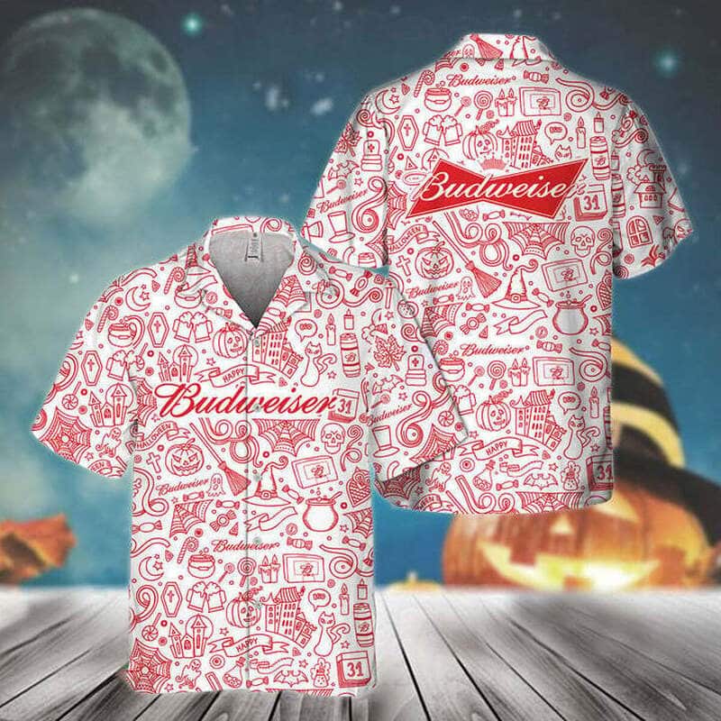 Happy Halloween Doodle Art Budweiser Hawaiian Shirt Happy Halloween Doodle Art Budweiser Hawaiian Shirt