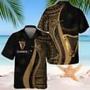 Guinness Hawaiian Shirt Gold Polynesian Blend Tropical Coconut Tree Pattern