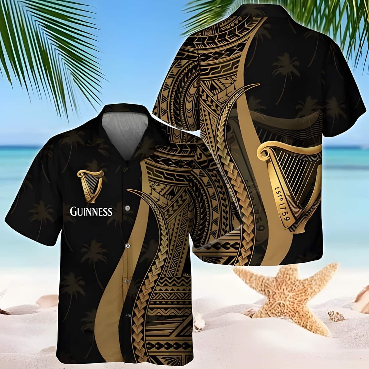 Guinness Hawaiian Shirt Gold Polynesian Blend Tropical Coconut Tree Pattern