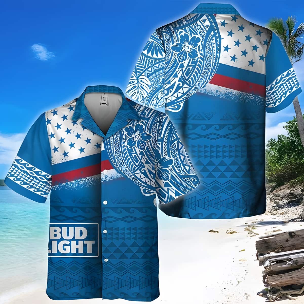 Blue Bud Light Hawaiian Shirt Polynesian Pattern