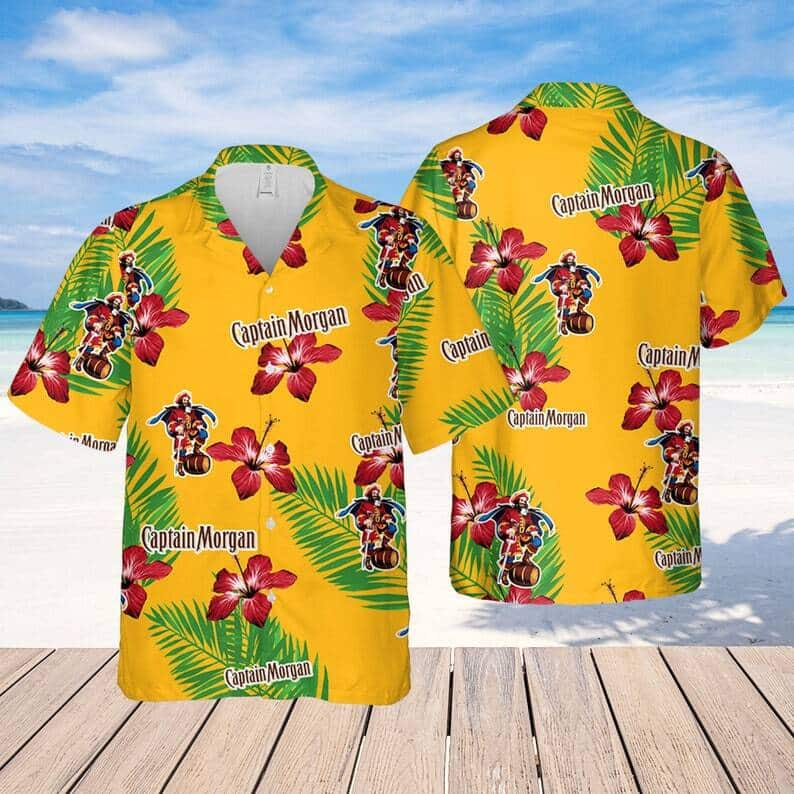 Captain Morgan Hawaiian Shirt Hibiscus Flower Palm Leaves All Over Print