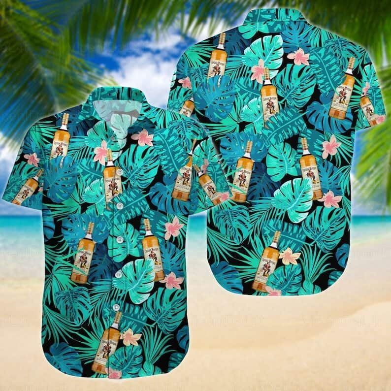 Captain Morgan Hawaiian Shirt Green Palm Leaves Summer Holiday Gift