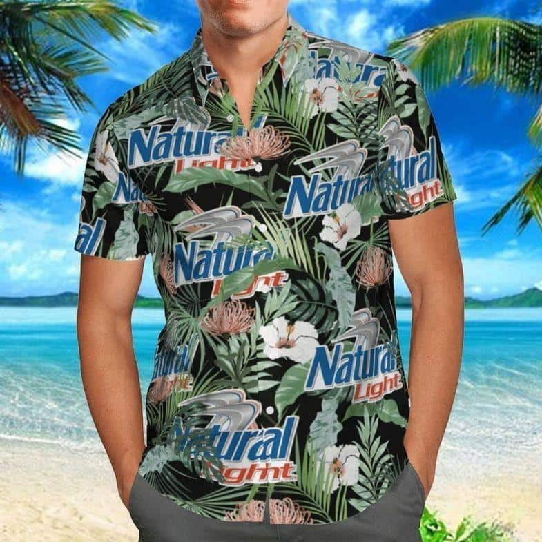 Natural Light Hawaiian Shirt Tropical Leaves Beer Lovers Gift