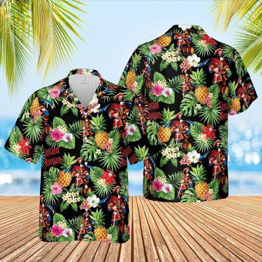 Captain Morgan Rum Hawaiian Shirt Tropical Flower Pattern