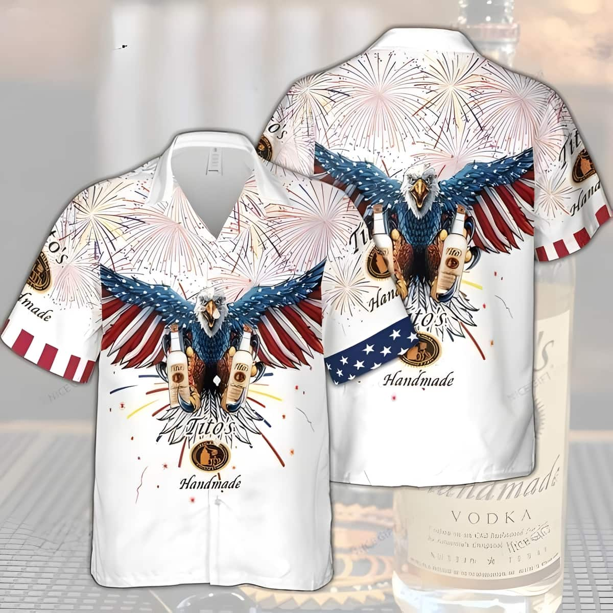 Tito's Handmade Vodka Hawaiian Shirt Independence Day 4th Of July Eagle Fireworks