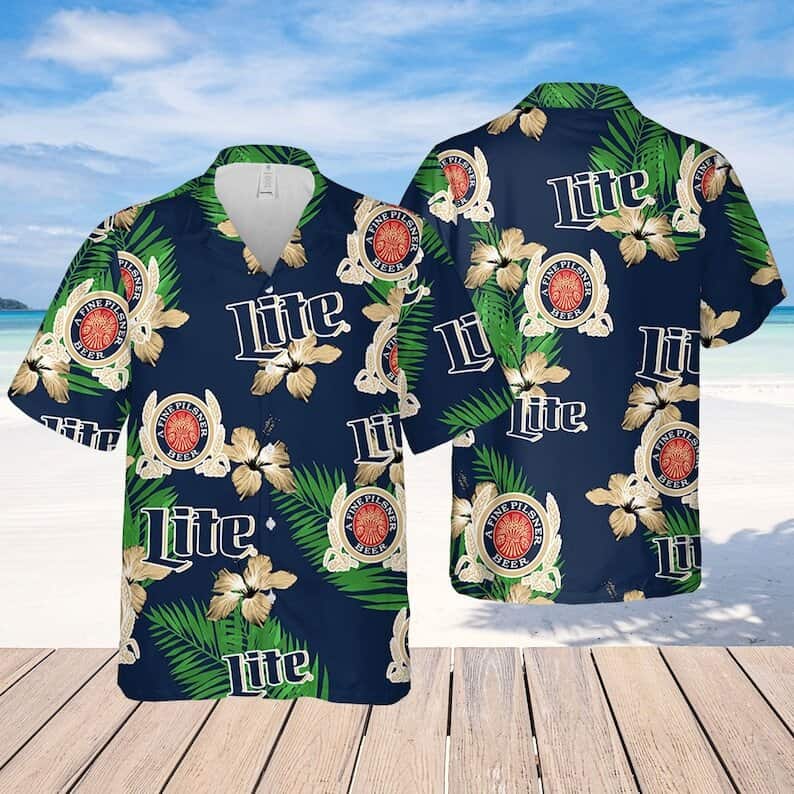 Miller Lite Hawaiian Shirt Hibiscus Flower Pattern A Fine Pilsner Beer