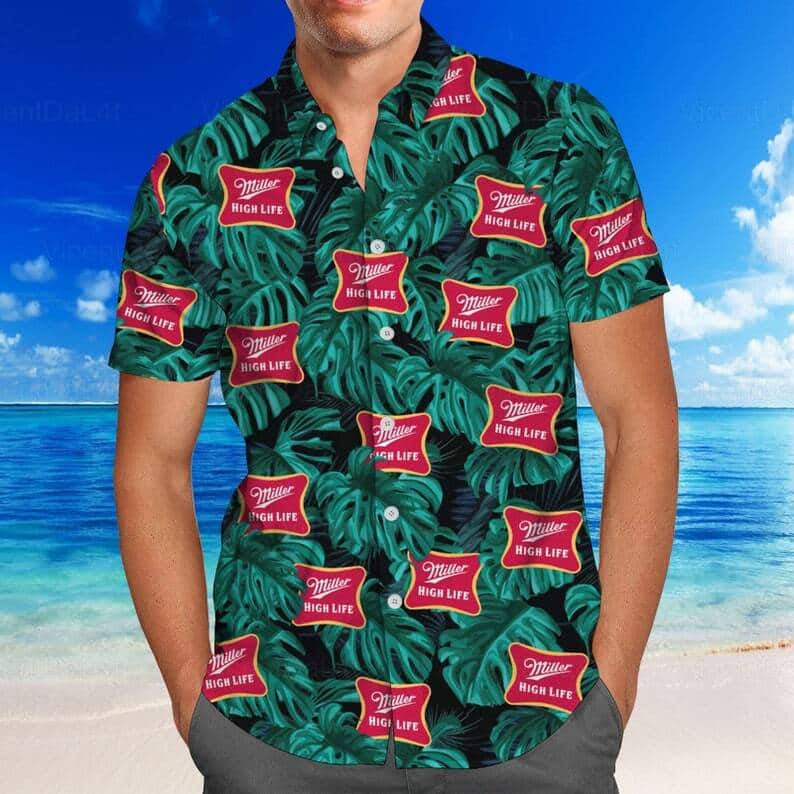 Miller High Life Hawaiian Shirt Green Palm Leaves Beach Lovers Gift