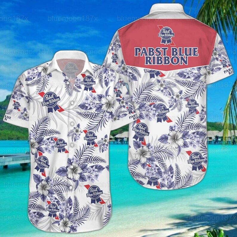 Pabst Blue Ribbon Beer Hawaiian Shirt Tropical Flower Pattern