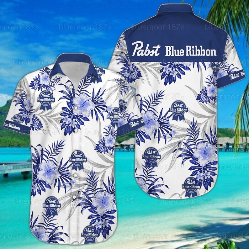 Pabst Blue Ribbon Hawaiian Shirt Tropical Flower Pattern Beach Gift For Friend