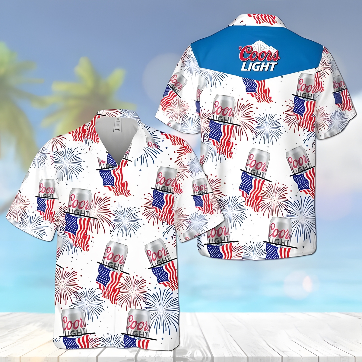 Coors Light Beer Hawaiian Shirt American Flag Fireworks Independence Day