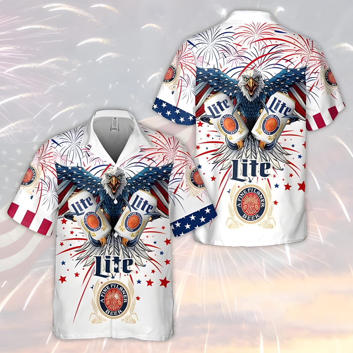 Miller Lite Hawaiian Shirt Fireworks Eagle Independence Day Beer Lovers Gift