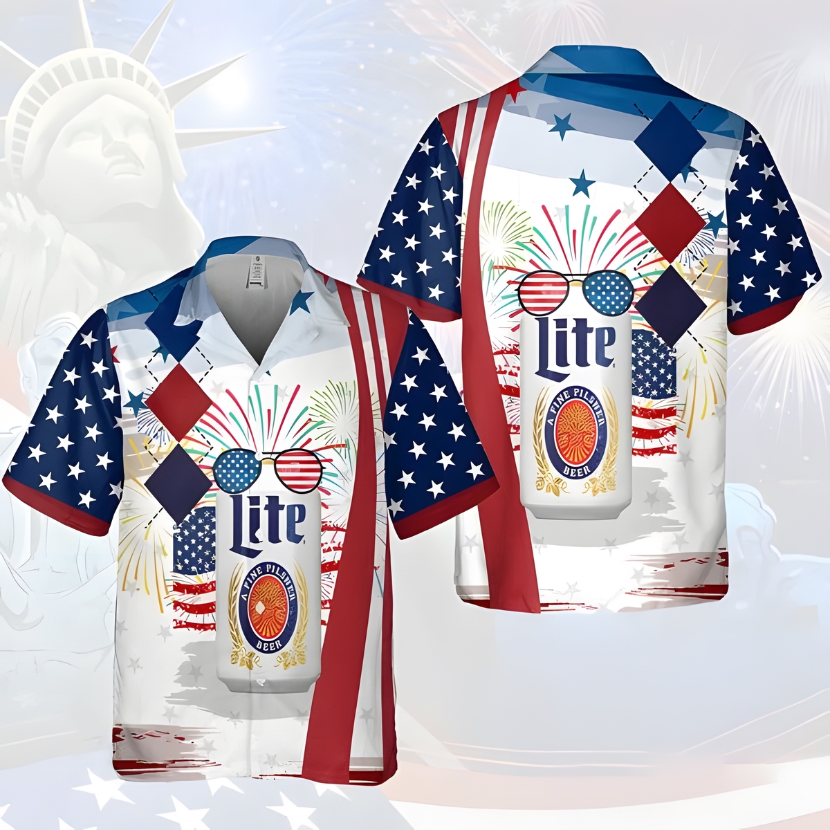 Miller Lite Hawaiian Shirt USA Flag Fireworks Independence Day Beer Lovers Gift