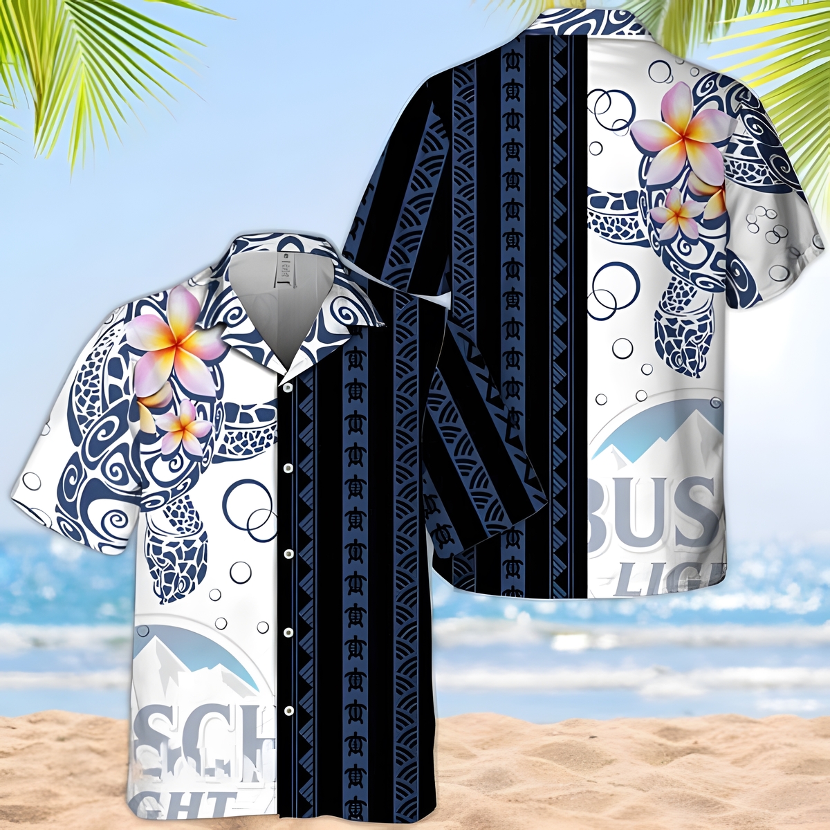 Busch Light Hawaiian Shirt Polynesian Pattern Blend Ocean Turtle