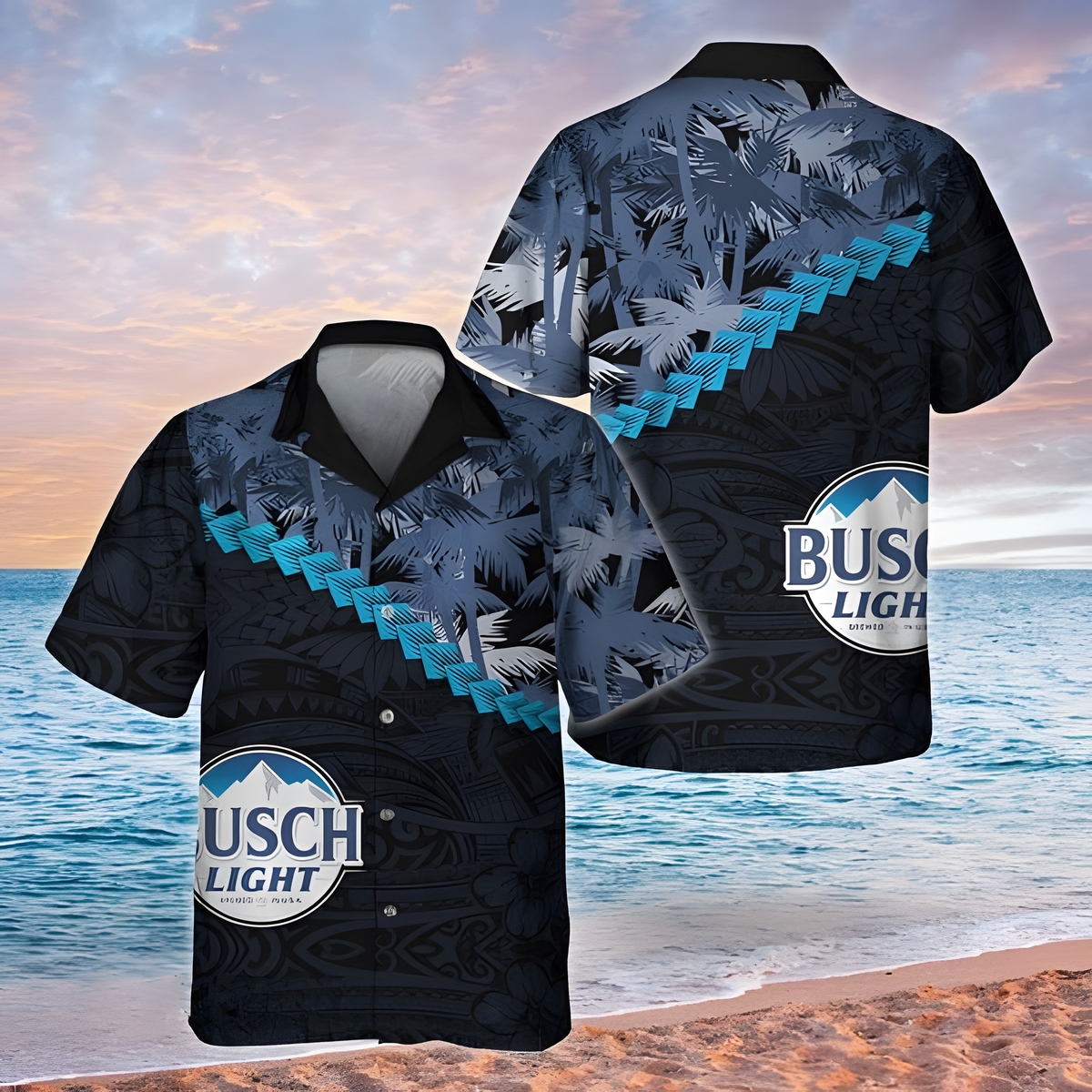 Busch Light Hawaiian Shirt Summer Palm Tree Blend Polynesian Pattern