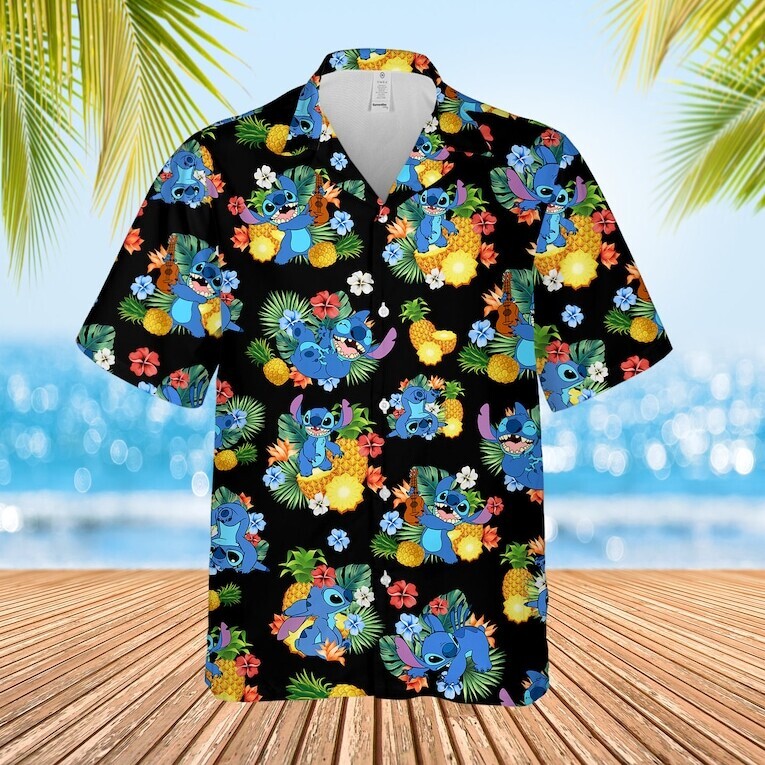 Disney Stitch Hawaiian Shirt Pineapple Pattern Black Aloha