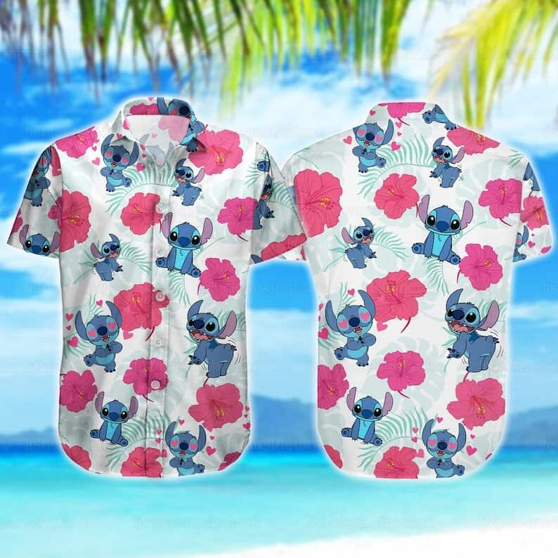 Cute Stitch Hawaiian Shirt Hibiscus Flower Pattern Beach Lovers Gift