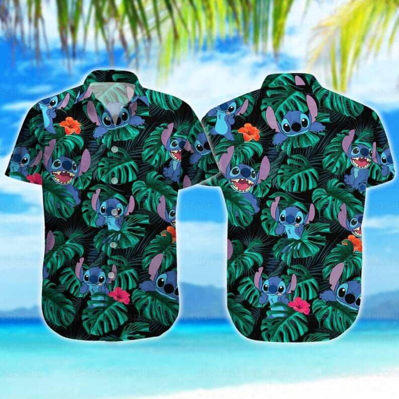 Disney Stitch Hawaiian Shirt Tropical Palm Leaves Beach Vacation Gift