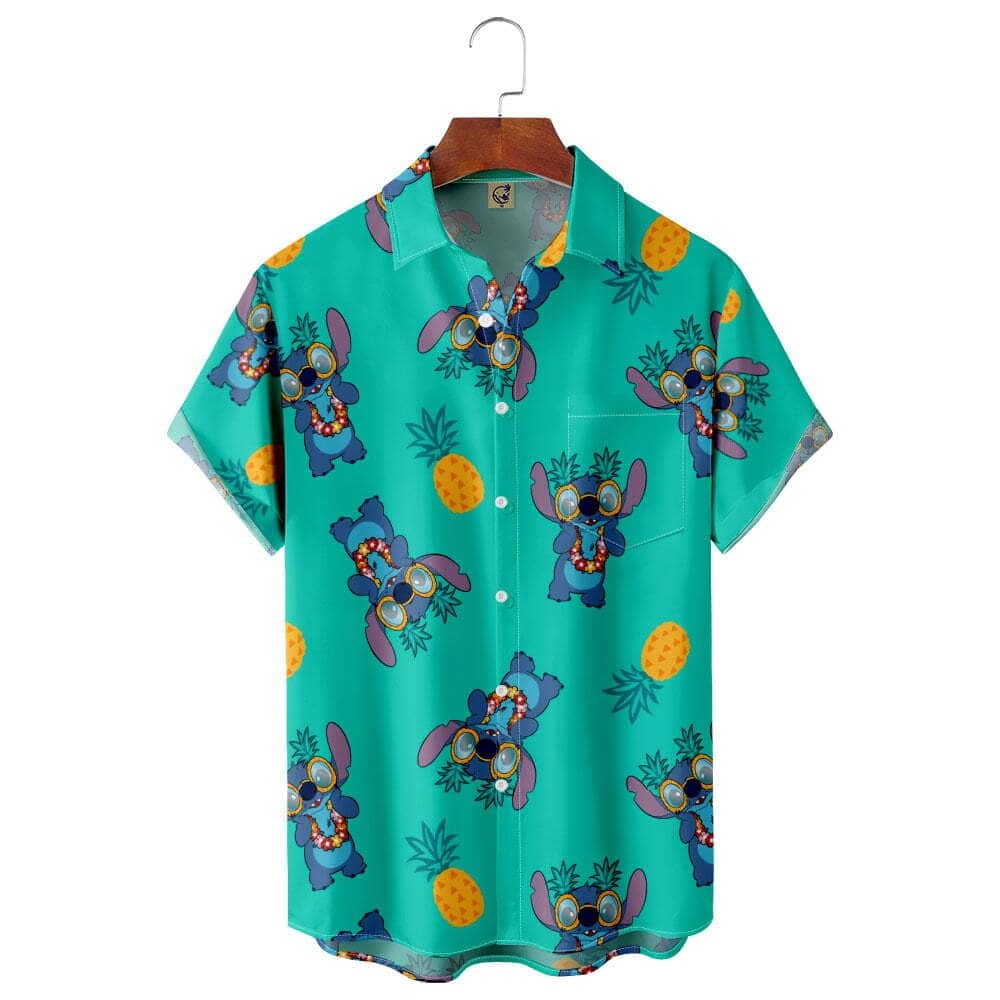 Pineapple Pattern and Disney Stitch Hawaiian Shirt For Beach Lovers